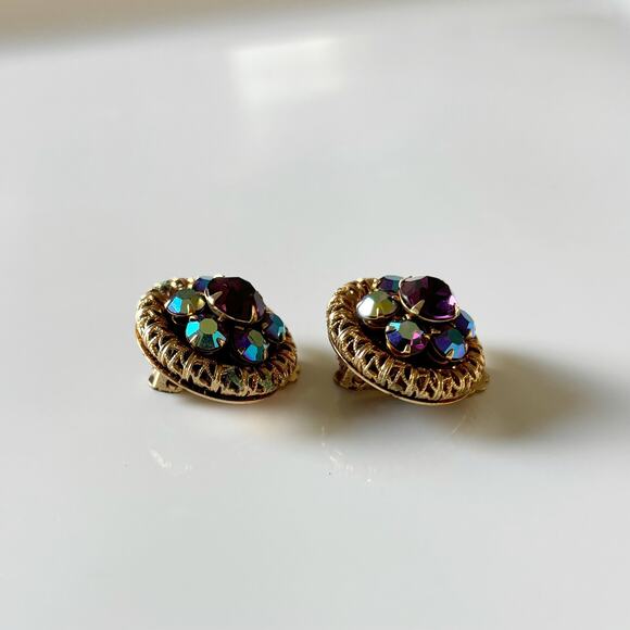 Vintage Aurora Borealis Rhinestone Clip On Earrings Blue Gold - Picture 5 of 11